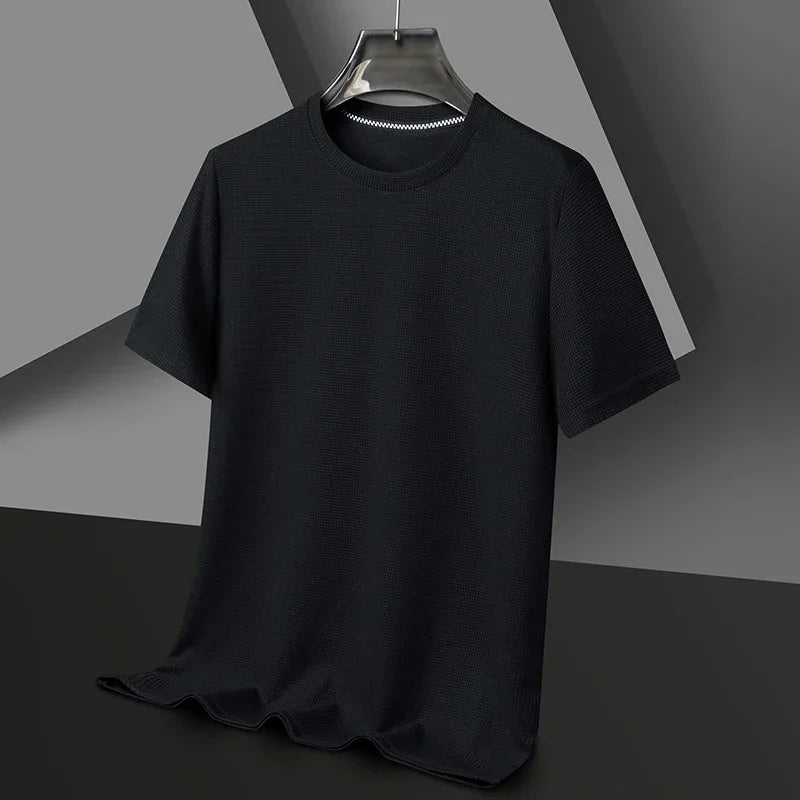 Camiseta de manga corta con cuello redondo y diseño de gofre para hombre, cómoda y transpirable, ideal para uso formal.
