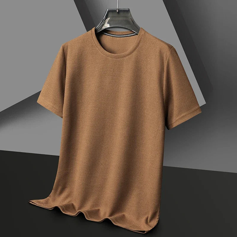 Camiseta de manga corta con cuello redondo y diseño de gofre para hombre, cómoda y transpirable, ideal para uso formal.
