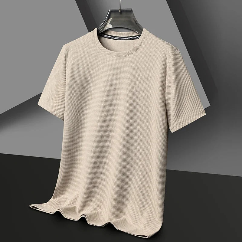 Camiseta de manga corta con cuello redondo y diseño de gofre para hombre, cómoda y transpirable, ideal para uso formal.