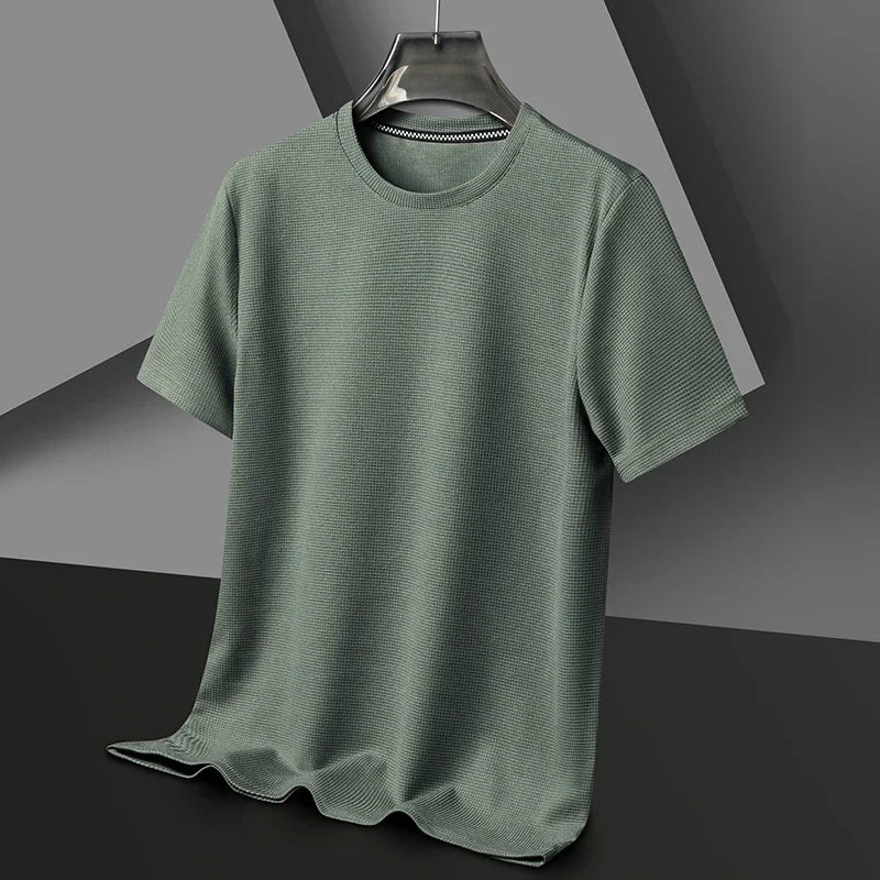 Camiseta de manga corta con cuello redondo y diseño de gofre para hombre, cómoda y transpirable, ideal para uso formal.