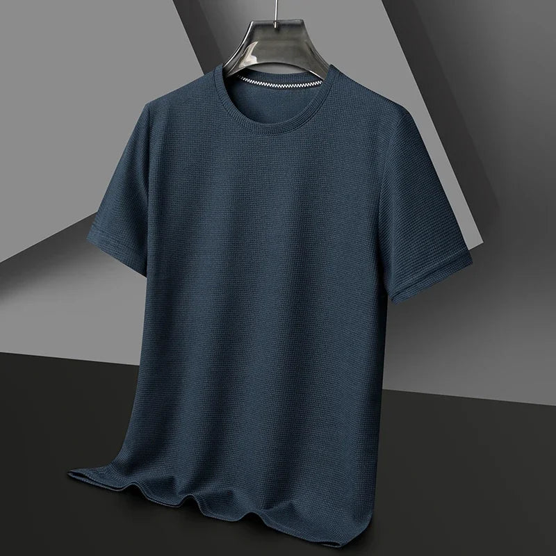 Camiseta de manga corta con cuello redondo y diseño de gofre para hombre, cómoda y transpirable, ideal para uso formal.