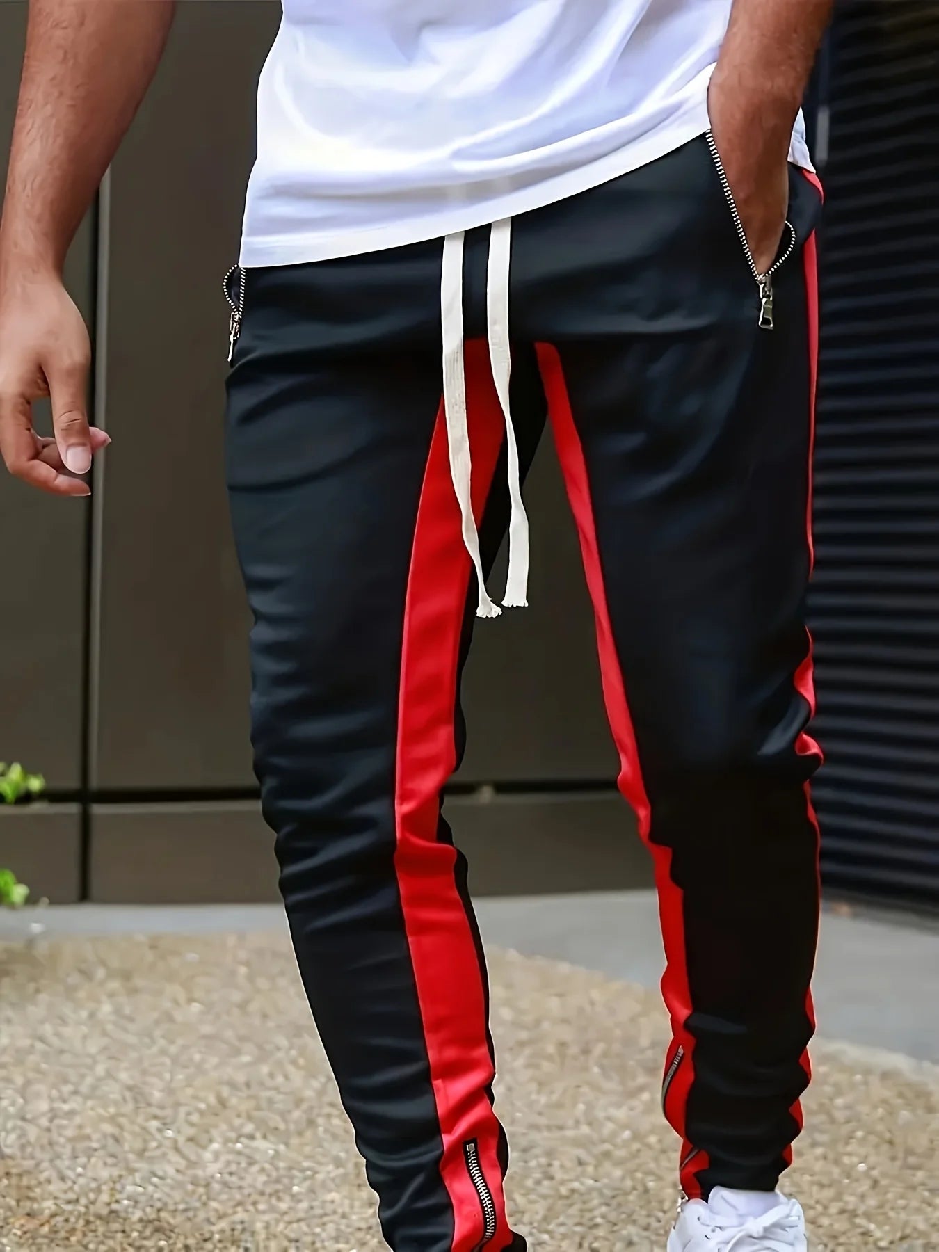 pantalones deportivos casuales para hombre, elegantes ajustados  con bolsillos con cremallera y cordón.
