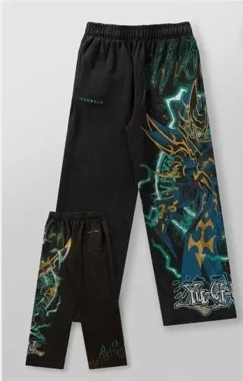 Pantalones colgados de dragón blanco de ojos azules Y2K para hombre, estilo popular, de pierna ancha, estilo informal, estilo Harajuku.