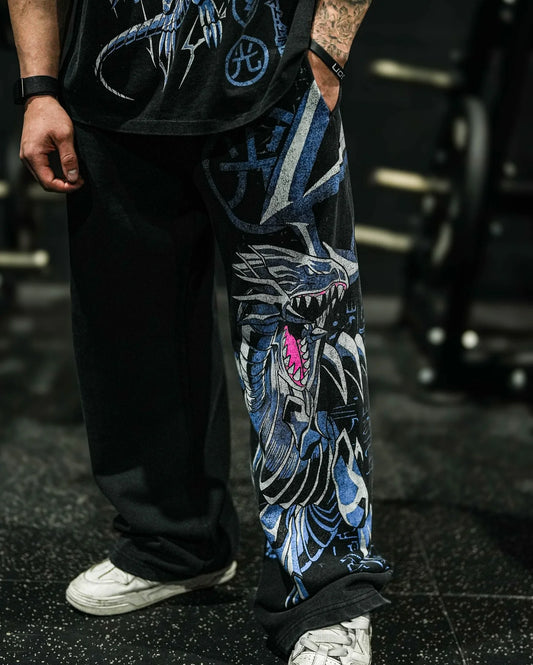 Pantalones colgados de dragón blanco de ojos azules Y2K para hombre, estilo popular, de pierna ancha, estilo informal, estilo Harajuku.