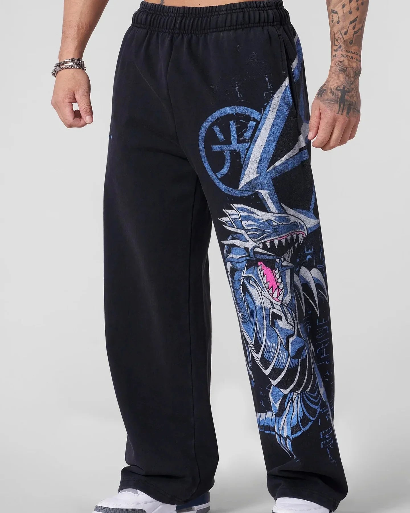 Pantalones colgados de dragón blanco de ojos azules Y2K para hombre, estilo popular, de pierna ancha, estilo informal, estilo Harajuku.