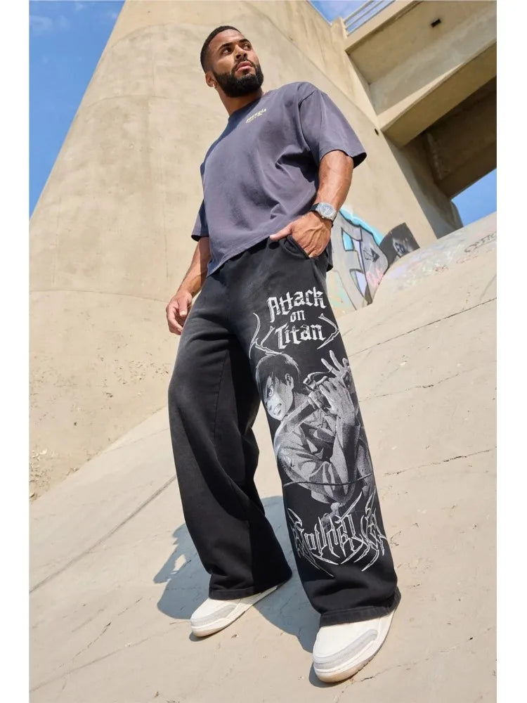 Pantalones deportivos de moda para jóvenes estadounidenses, colaboración con joggers de anime, estampado de rizo de algodón, pantalones casuales de pierna ancha,