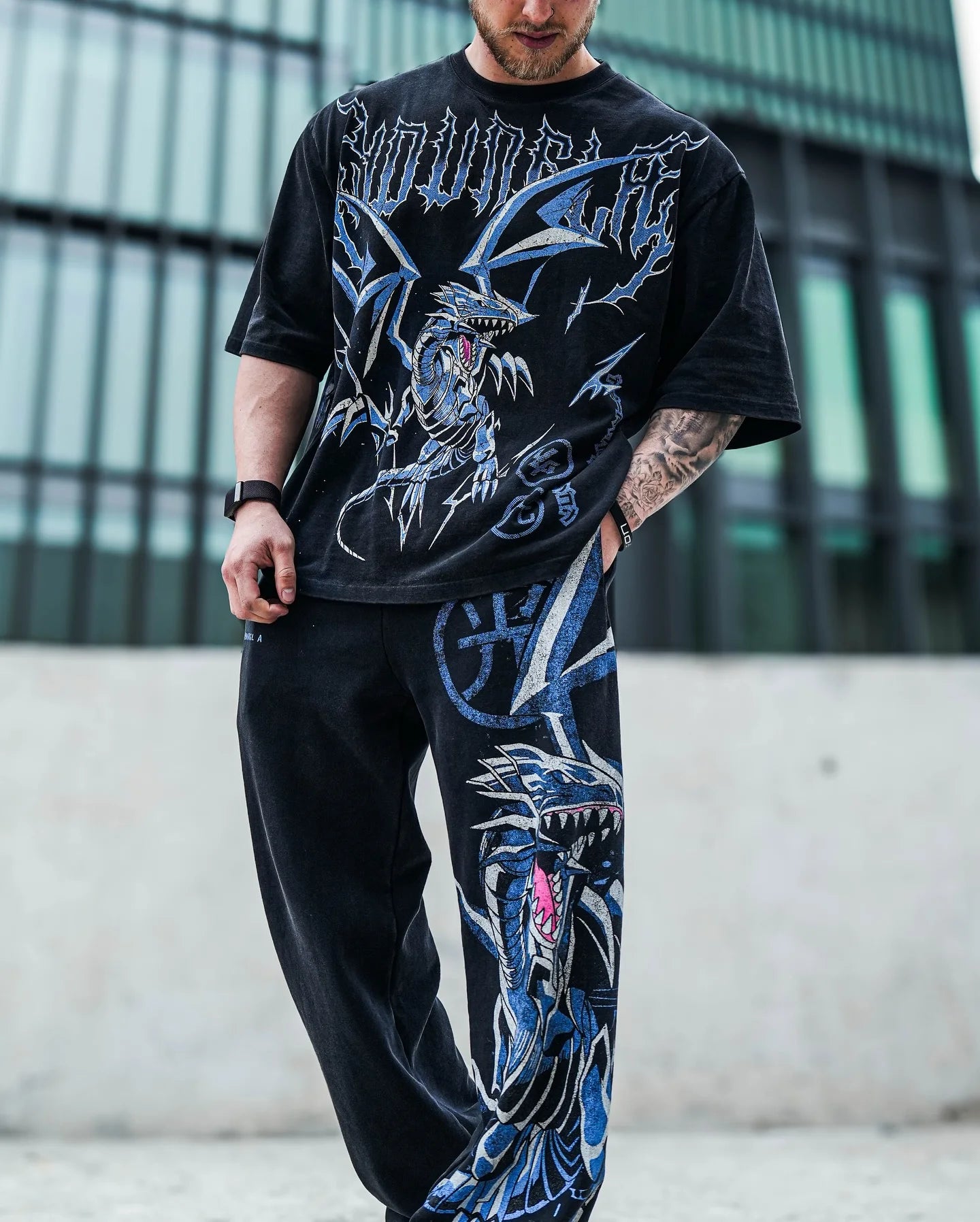 Pantalones colgados de dragón blanco de ojos azules Y2K para hombre, estilo popular, de pierna ancha, estilo informal, estilo Harajuku.