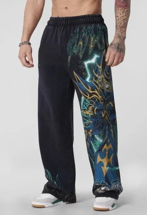 Pantalones colgados de dragón blanco de ojos azules Y2K para hombre, estilo popular, de pierna ancha, estilo informal, estilo Harajuku.