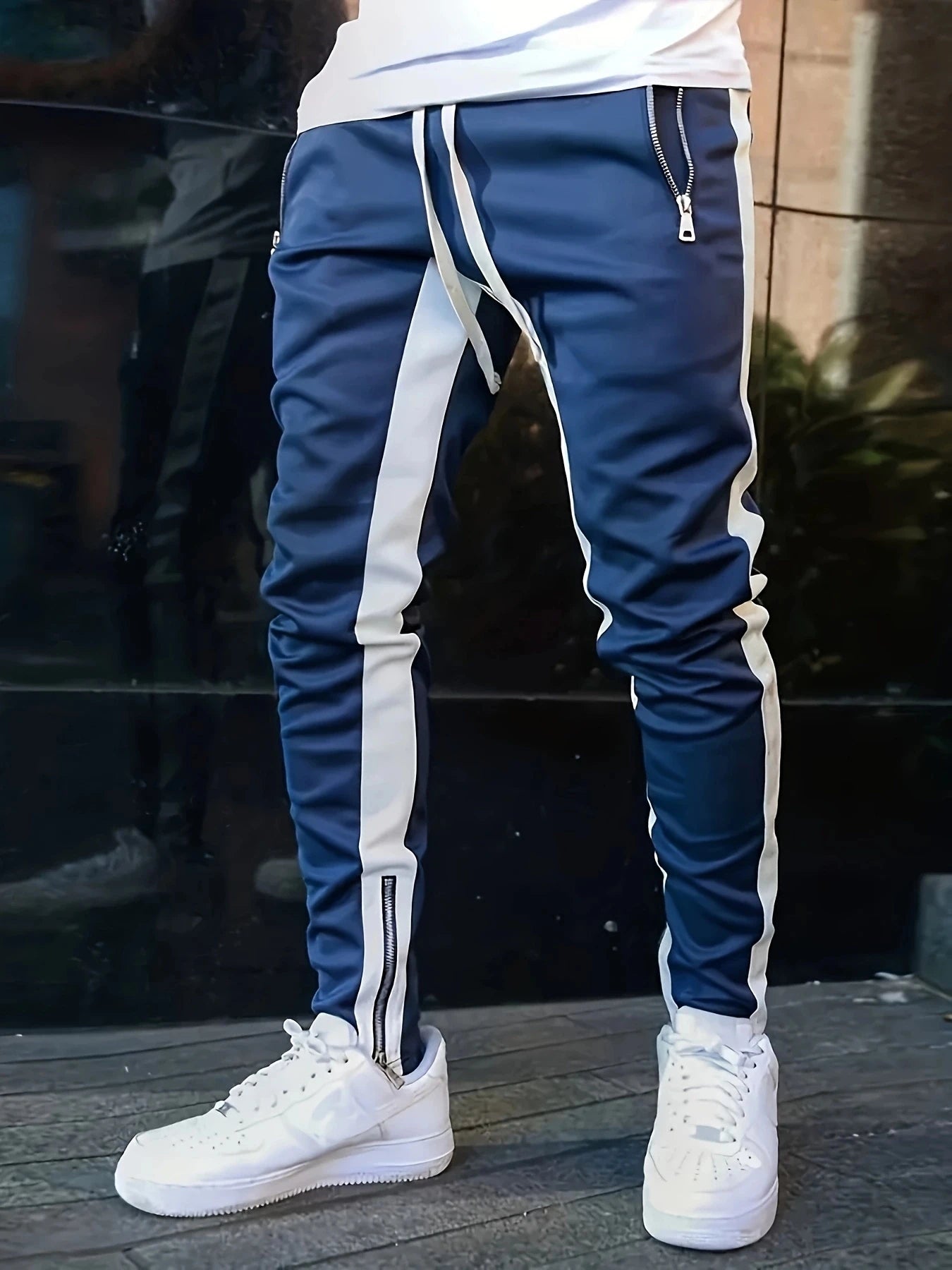 pantalones deportivos casuales para hombre, elegantes ajustados  con bolsillos con cremallera y cordón.