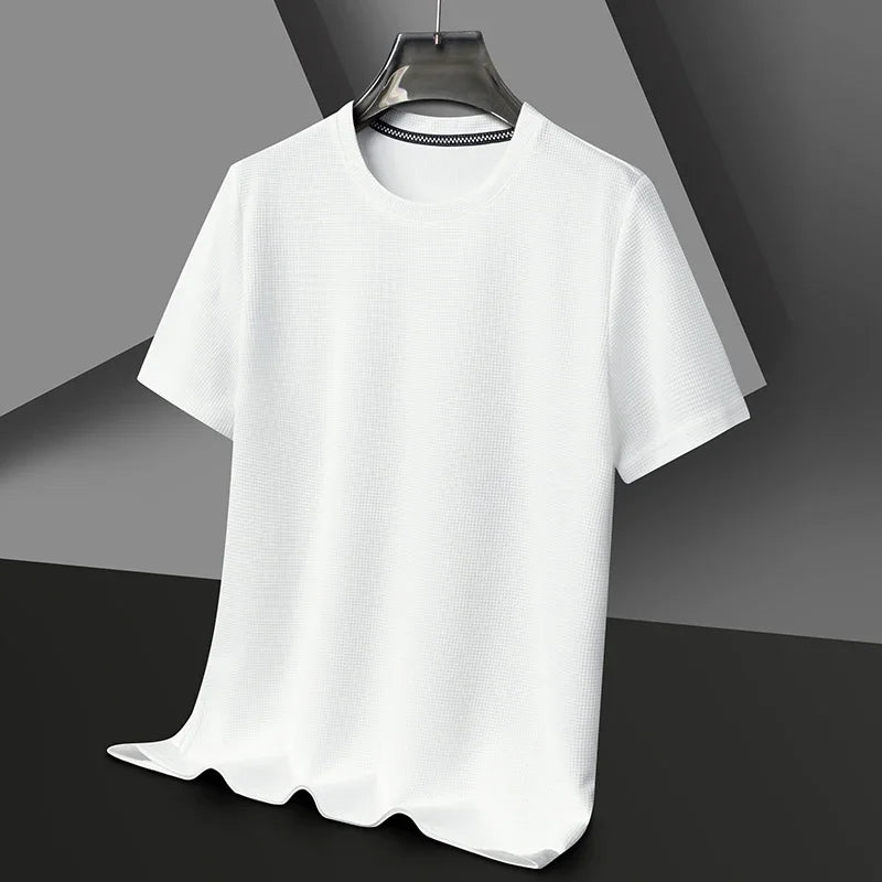 Camiseta de manga corta con cuello redondo y diseño de gofre para hombre, cómoda y transpirable, ideal para uso formal.